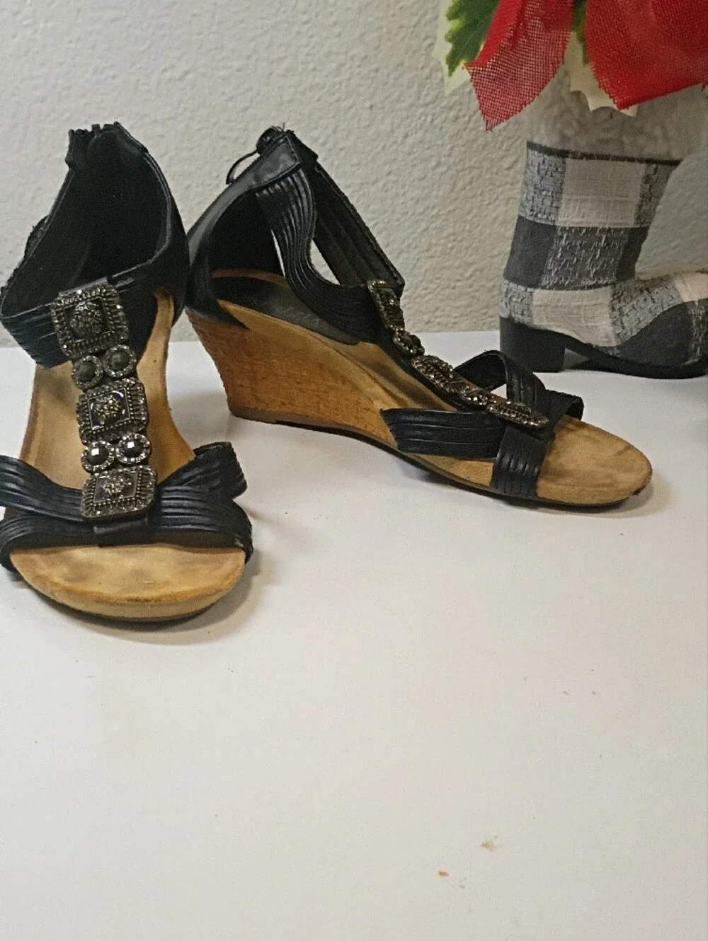 Black Jeweled T-Strap Wedge Sandals
